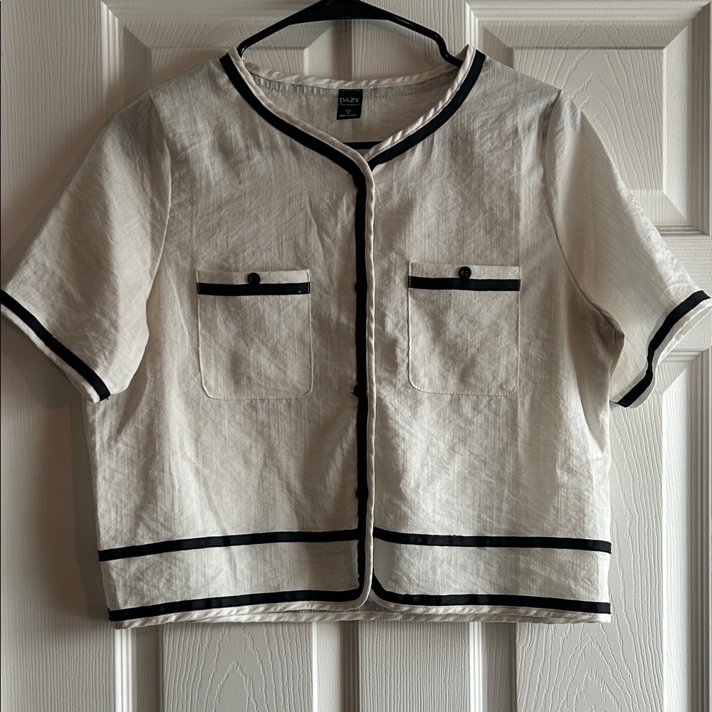 White and Black Trim Short Sleeve Blouse